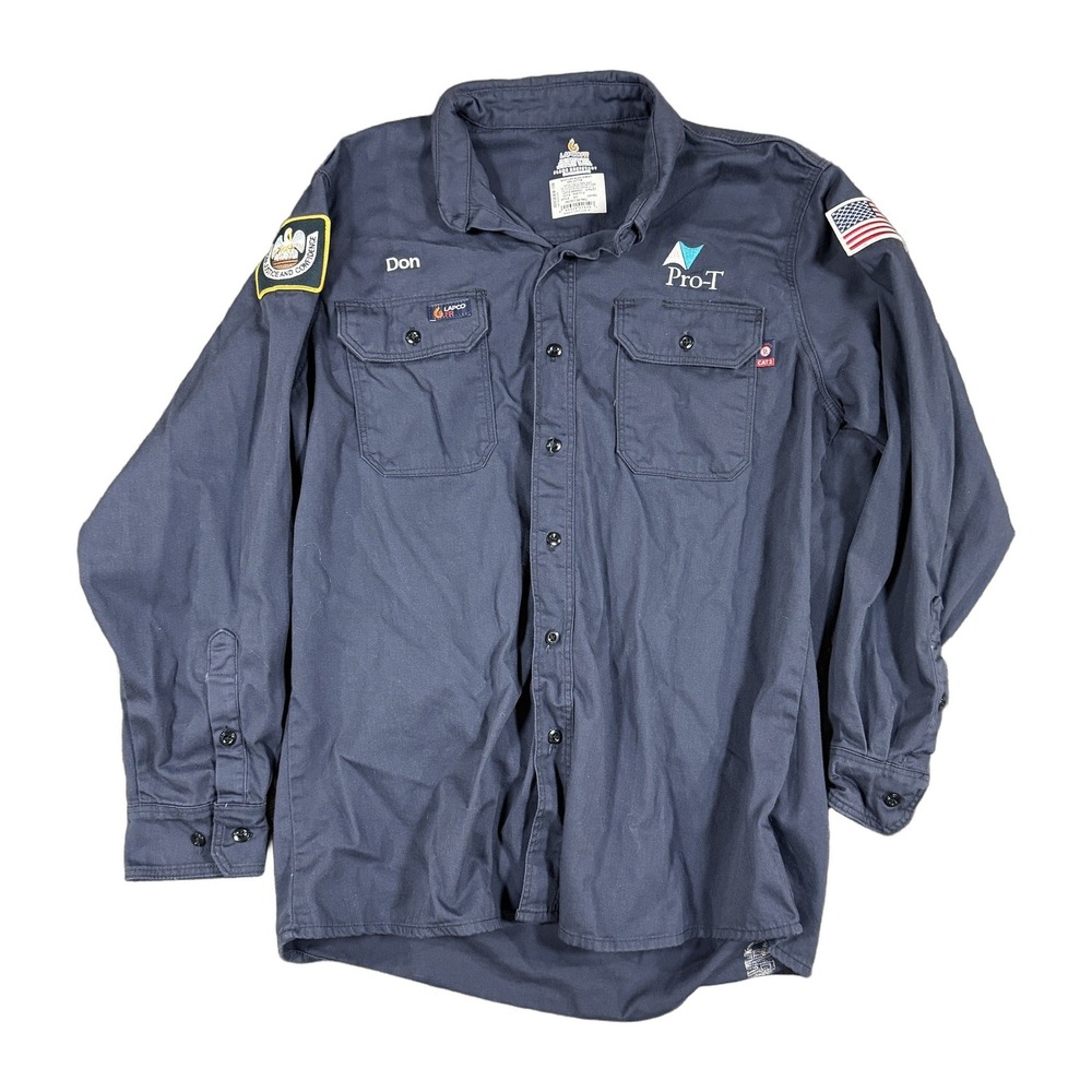 LAPCO FR Mens Navy Blue Flame Resistant Work Shirt Pro-T Patches Size Large Reg
